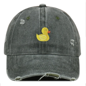 Distressed grey washed baseball cap featuring a yellow duck embroidery and ripped details