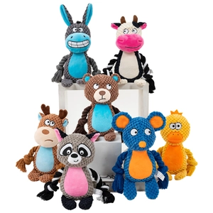 Plush squeaky dog toys set with durable cotton ropes featuring various animal shapes
