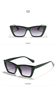 Front and 45-degree side views of dark green cat-eye sunglasses with purple gradient lenses