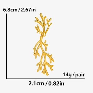 Detailed dimensions of gold coral branch earrings showing 6.8cm height and 2.1cm width