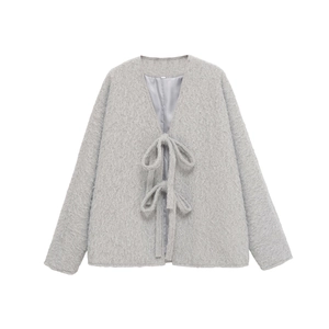 Chic grey V-neck wool coat featuring stylish bow tie closures and soft plush texture