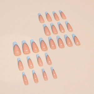 Faux ongles French bleus avec lignes pailletées, ensemble de 24 pièces amandes