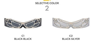 Detail view of metallic mesh frame on futuristic Y2K wrap sunglasses in black and silver