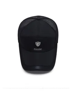 Close-up of black breathable mesh baseball cap with white outdoor sport embroidery