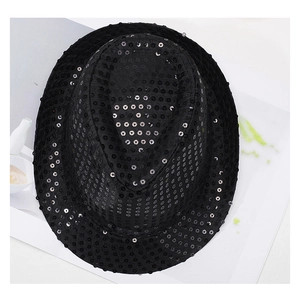 Top view of a black jazz hat with sparkling sequins for stage performances and parties