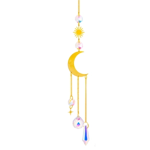 Brass suncatcher with gold chains, moon and star celestial motifs and crystal prism spheres