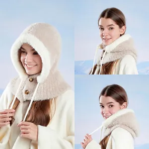 Plush Balaclava Hat Scarf Integrated Winter Warm Sherpa Fleece Hooded Neck Warmer Ear Protection Button Drawstring