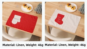 Detail of burlap Christmas placemats with festive embroidery and frayed fringe edges