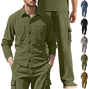 Men's corduroy tracksuit set with lapel shirt and cargo pants in various colors