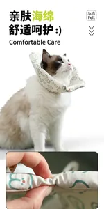 Detail of adjustable soft pet cone showing compression test and cat wearing cartoon collar