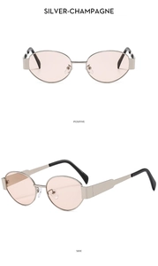 Detailed views of silver metal sunglasses with champagne lenses from front and side angles