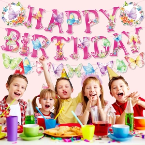 Pink glitter Happy Birthday banner with butterfly hanging decorations for spring party