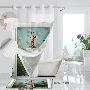 Detail of waffle weave shower curtain and giraffe bath mat set for modern bathrooms