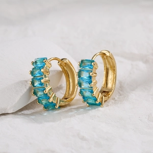 18K gold plated hoop earrings with baguette cut light blue zircon stones inlay