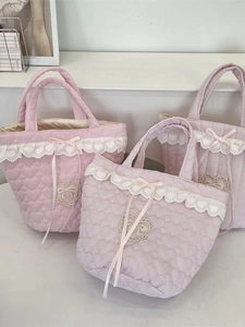 Borsa a secchiello trapuntata rosa con cuori, pizzo e fiocco per ragazze e donne