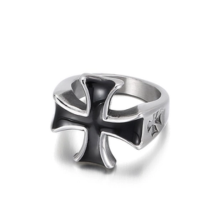 Vintage stainless steel ring with black Maltese cross design and gothic relief details