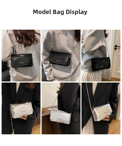 Bolso de cadena reflectante láser chic en negro y plata mostrado en modelos