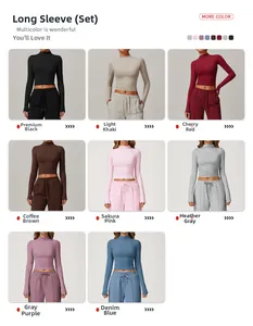 Grid display of long-sleeved athletic sets in eight different solid colors for women