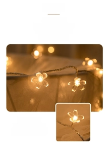 Detail of cherry blossom LED string lights with warm yellow glow and transparent wires