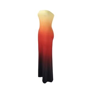 Detailed view of the gradient color transition on this strapless bodycon maxi dress