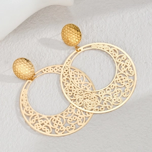 Vintage hollow out gold filigree circle drop earrings for women with ornate textures