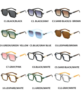 Variety of twelve square aviator sunglasses in multiple frame colors and lens tints