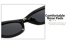 Detail view of the ergonomic integrated nose pads on fashionable black cat eye sunglasses
