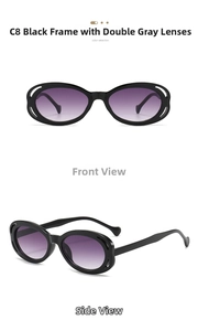 Detail view of C8 oval sunglasses with black hollow frame and purple gradient lenses