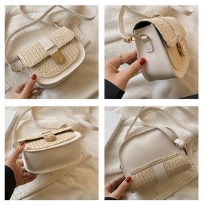 Detail view of woven straw and white leather saddle bag with golden hexagon metal clasp