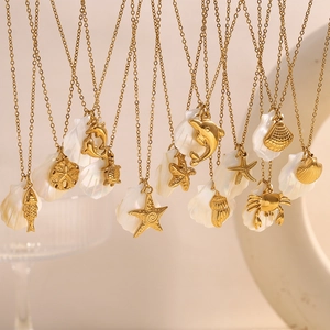 18K gold plated stainless steel ocean necklaces with shell starfish and turtle pendants