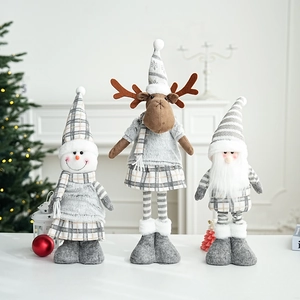 Three plush Christmas figurines of Santa, Snowman and Reindeer in grey for festive decor