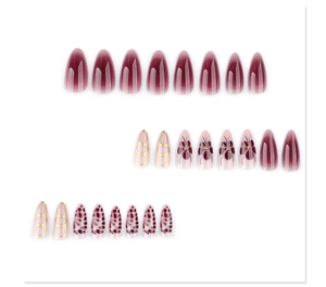 Detailed set of 24 almond nails with purple cat-eye finish and floral leopard designs