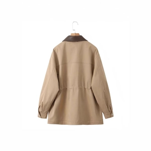 Khaki drawstring waist trench coat with dark brown leather collar shown from the back