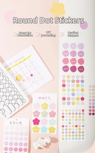 Detailed view of Morandi color bubble stickers on desk with floral and dot designs