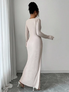 Elegant off-shoulder crinkle texture long sleeve bodycon dress in cream white
