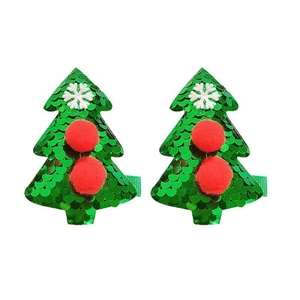 Sparkly green sequin Christmas tree hair clips with red pom-poms and white snowflakes