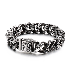Retro stainless steel men's thick chain bracelet with intricate vintage floral patterns
