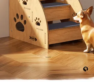 Close-up of pet stairs with grey non-slip felt, cutout paw and fishbone patterns