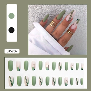 Matte green long almond press-on nails with geometric black line art set of 24 pieces
