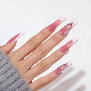 Unghie Finte Press On Francese Sfumatura Rosa Quadri Lunghe Bara Quadrate Con Strass Colorati Manicure Art