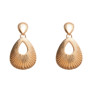 Textured gold teardrop earrings with shell pattern shown on a clean white background
