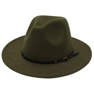 Detail of dark olive wool fedora hat featuring a black leather band and gold buckle accent