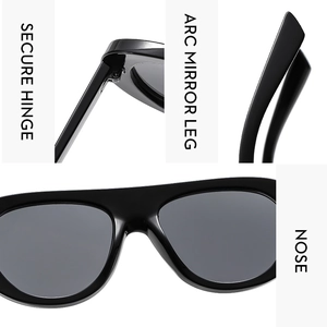Detail showing secure hinge, arc mirror leg and nose pads of black pilot sunglasses