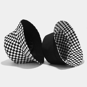 Double-sided checkered bucket hat for women with black and white plaid canvas pattern