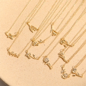 18K gold plated minimalist birth flower pendant necklaces in rose and sunflower designs