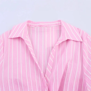 Short sleeve pink and white striped shirt dress with a classic lapel collar and V-neckline