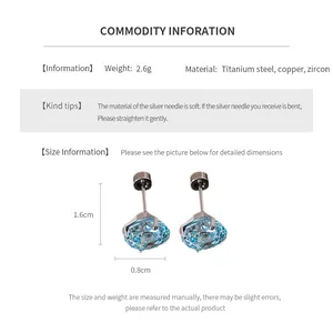 Detailed size chart for blue zircon earrings showing 1.6cm height and 0.8cm width specs