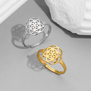 Minimalist open flower rings in gold and silver finish with flower of life pattern