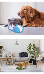 Detail of plush dog enrichment puzzle toy in slipper and Christmas stocking shapes
