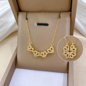 Elegant Clover Heart Folding Necklace Stainless Steel Chain Copper Rhinestone Paved Pendant Jewelry For Women